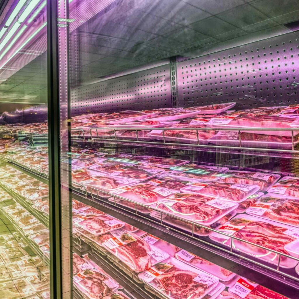 Fresh meat in supermarket's fridge